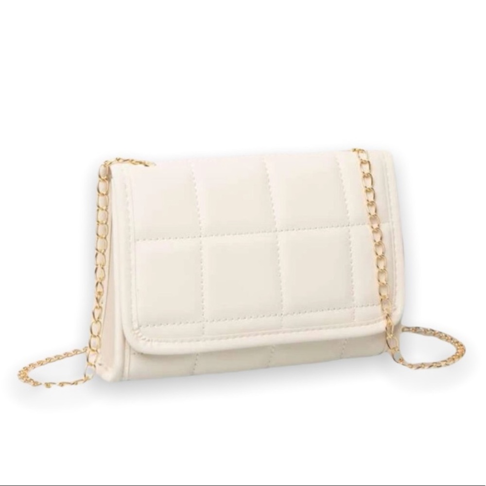 New Boho Plaid Quilted Cream Beige Faux Leather Flap Chain Square Crossbody Bag - Picture 10 of 16